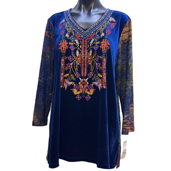 NWT Calessa Blue Embroidered Velour Tunic Top L With Multicolor Long Sleeves - Picture 1 of 7